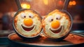 Smiling fried eggs in pan bathed in sunlight filling air with delightful breakfast aroma