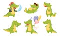 Smiling Friendly Crocodile Carrying Bunch of Balloons and Wearing Pirate Costume Vector Set