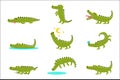 Smiling Friendly Crocodile Cartoon Character And Its Everyday Wild Animal Activities Set Of Illustrations