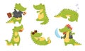 Smiling Friendly Crocodile Drinking Cocktail and Wearing Pirate Costume Vector Set