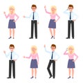 Smiling office man and woman vector illustration. Waving hand, talking on phone, standing side view boy and girl cartoon character Royalty Free Stock Photo