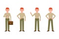 Smiling, friendly, red hair young office man vector. Drinking coffee, shoving victory sign front view standing boy character set Royalty Free Stock Photo