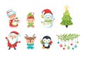 Smiling friendly Santa Claus with beard, snowman with garland, gnome and deer, Christmas tree with toys, grandmother with