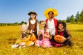 Smiling friends in Halloween costumes together Royalty Free Stock Photo