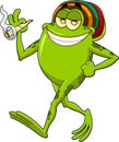 Smiling Frog Cartoon Character Walking And Smoking A Joint