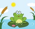 Smiling Frog Female Cartoon Mascot Character Perched On A Pond Lily Pad In Lake