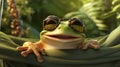 An smiling frog wearing sunglasses, casually lounging on an green hammock with a tropical backdrop