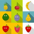 Smiling fruit icons set, flat style Royalty Free Stock Photo