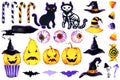 Smiling and funny Halloween illustration set: pumpkin, mushrooms, cat, bat, candy, witch hat, jelly eyes. Isolated icons Royalty Free Stock Photo