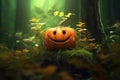 Smiling, funny Halloween pumpkin on moss in a magical forest. Celebration, holiday concept Royalty Free Stock Photo