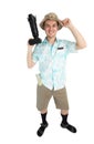 Smiling and funny man photographer with camera. Royalty Free Stock Photo