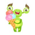 Smiling Funny Monster Holding Ice-cream In Cone , Green Alien Emoji Cartoon Character Sticker Royalty Free Stock Photo