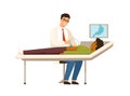 Smiling gastroenterologist making abdominal ultrasound to patient vector flat illustration. Man with stomach pain visit