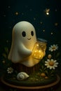 Smiling Ghost Holding Firefly Jar on Mossy Tree Stump Royalty Free Stock Photo