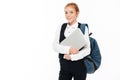 Smiling gigner student woman with backpack holding laptop computer Royalty Free Stock Photo