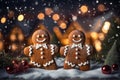 Smiling Gingerbread man cookies on magic festive Christmas background