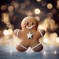 Smiling gingerbread man with bokeh lights in background. Traditional Christmas cookie. Christmas and New Year theme