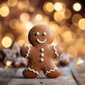 Smiling gingerbread man with bokeh lights in background. Traditional Christmas cookie. Christmas and New Year theme