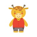 Smiling Giraffe In Red Top And Brown Pants Cute Toy Baby Animal Dressed As Little Boy