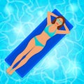 Smiling girl on air mattress in pool water Royalty Free Stock Photo