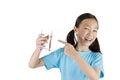 Smiling girl,Asian gril holding a glass of water isolated on white background,Life canÃ¢â¬â¢t live without drinking water.