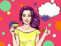 Smiling girl with bank card. Pop Art girl.Woman with banck card Royalty Free Stock Photo