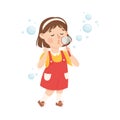 Smiling Girl Blowing Soap Bubbles Playing and Having Fun Vector Illustration