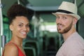 smiling girl and boy in bus Royalty Free Stock Photo