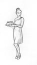 Smiling girl with a cake - sketch