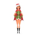 Smiling Girl Celebrating Christmas Wearing Red Santa Claus Dress and Hat Vector Illustration