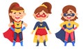 Smiling Girl Character in Superhero Costume and Cloak Standing Ready to Save the World Vector Illustrations Set Royalty Free Stock Photo