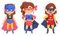 Smiling Girl Character in Superhero Costume and Cloak Standing Ready to Save the World Vector Illustrations Set Royalty Free Stock Photo