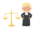 Smiling Girl Character Wearing Long Judge Robe Playing Law Vector Illustration