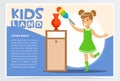 Blue card with smiling girl cleaning room with the dust brush. Kid doing a home cleanup, household chores. Colorful flat Royalty Free Stock Photo