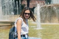 Smiling girl in the courtyard of Sforza Castle in Milan, Italy. Royalty Free Stock Photo