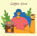 Smiling girl drinking coffee . Coffee time, break and relaxation vector concept cards. Vector illustration in flat design style Royalty Free Stock Photo