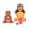 Smiling Girl Drinking Toy Tea with Teddy Bear Playing and Having Fun Vector Illustration