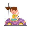 Smiling Girl Driving Toy Car or Having Fairground Ride Vector Illustration