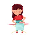 Smiling Girl Engaged in Housework Ironing Laundry Vector Illustration