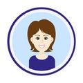 Smiling girl face with brown medium long hair and forelock and grey eyes. Isolated vector illustration.