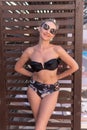 Smiling glasses summer fence girl swimsuit young street female pretty, from cute lifestyle for fun for sunny tourist