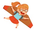 Smiling Girl in Goggles Flying and Piloting with Improvised Fake Aircraft Vector Illustration