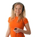 Smiling girl with headphones and mp3 player Royalty Free Stock Photo