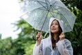 The smiling girl hold on umbrella with happy with rain