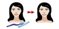 Smiling girl, how to brush your teeth. Yellow teeth become clean