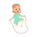 Smiling Girl Jumping with Skipping Rope, Kid Having Fun on Playground Cartoon Style Vector Illustration Royalty Free Stock Photo