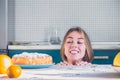 Smiling woman look at the fresh pie and want to try a piese of it. Diet and healthy lifestyle Royalty Free Stock Photo