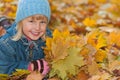 Smiling girl is lying on the yellow leaves Royalty Free Stock Photo