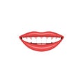 Smiling girl mouth with bright red lips and white teeth isolated on a white background. Illustration for a dental clinic or beauty