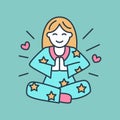 Smiling girl in padmasana, yoga line logo. Icon of woman meditation, relaxation and love energy. Vector illustration for Royalty Free Stock Photo